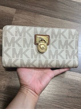 Michael Kors Beige Signature MK Continental Wallet with padlock Gold Accent